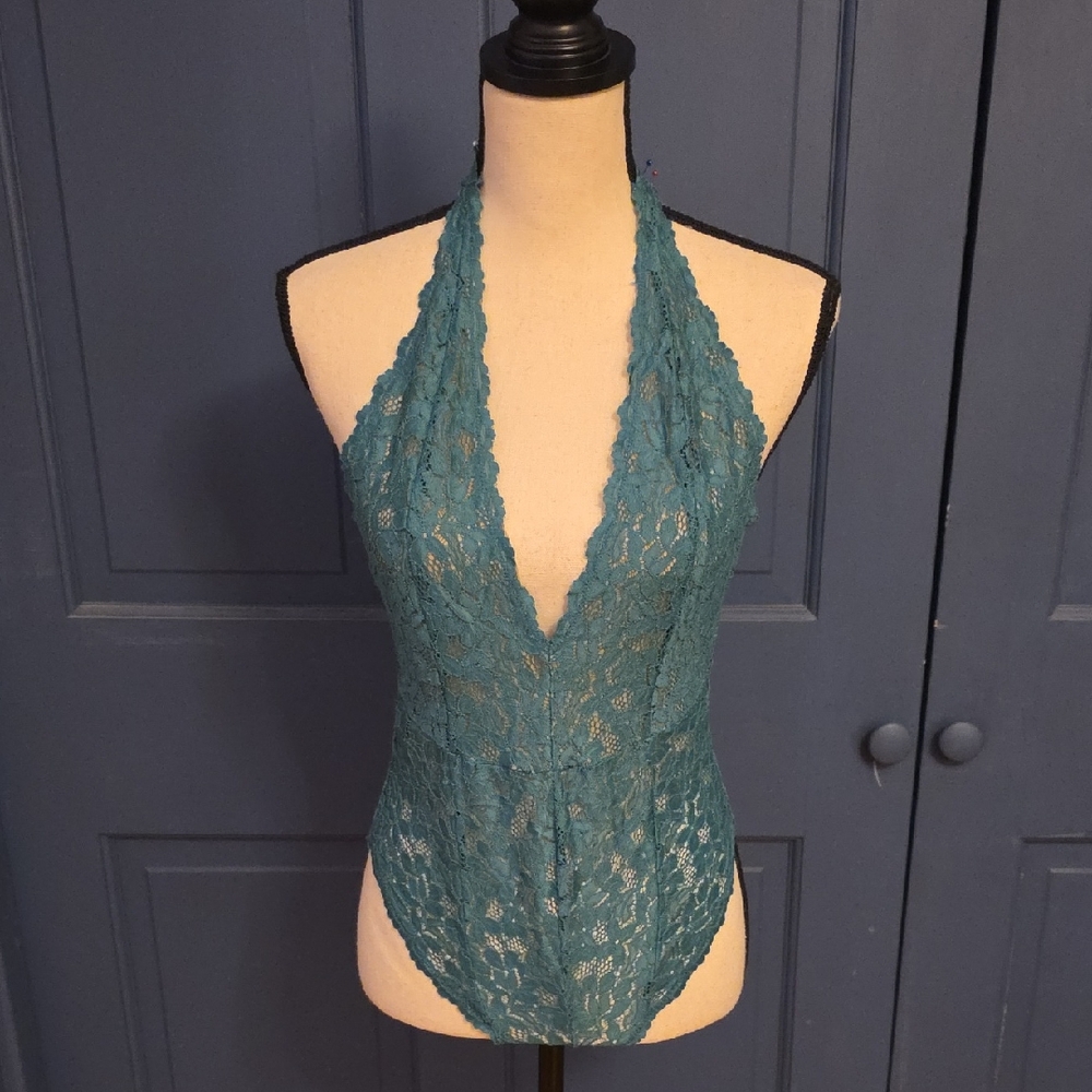 Free People Intimately Teal Lace Halter Bodysuit Sz Small